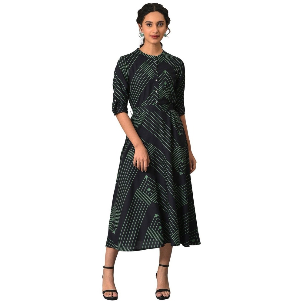 W For Woman Black‎ Matrix Green Printed Midi Dress Buttonup Viscose size 14